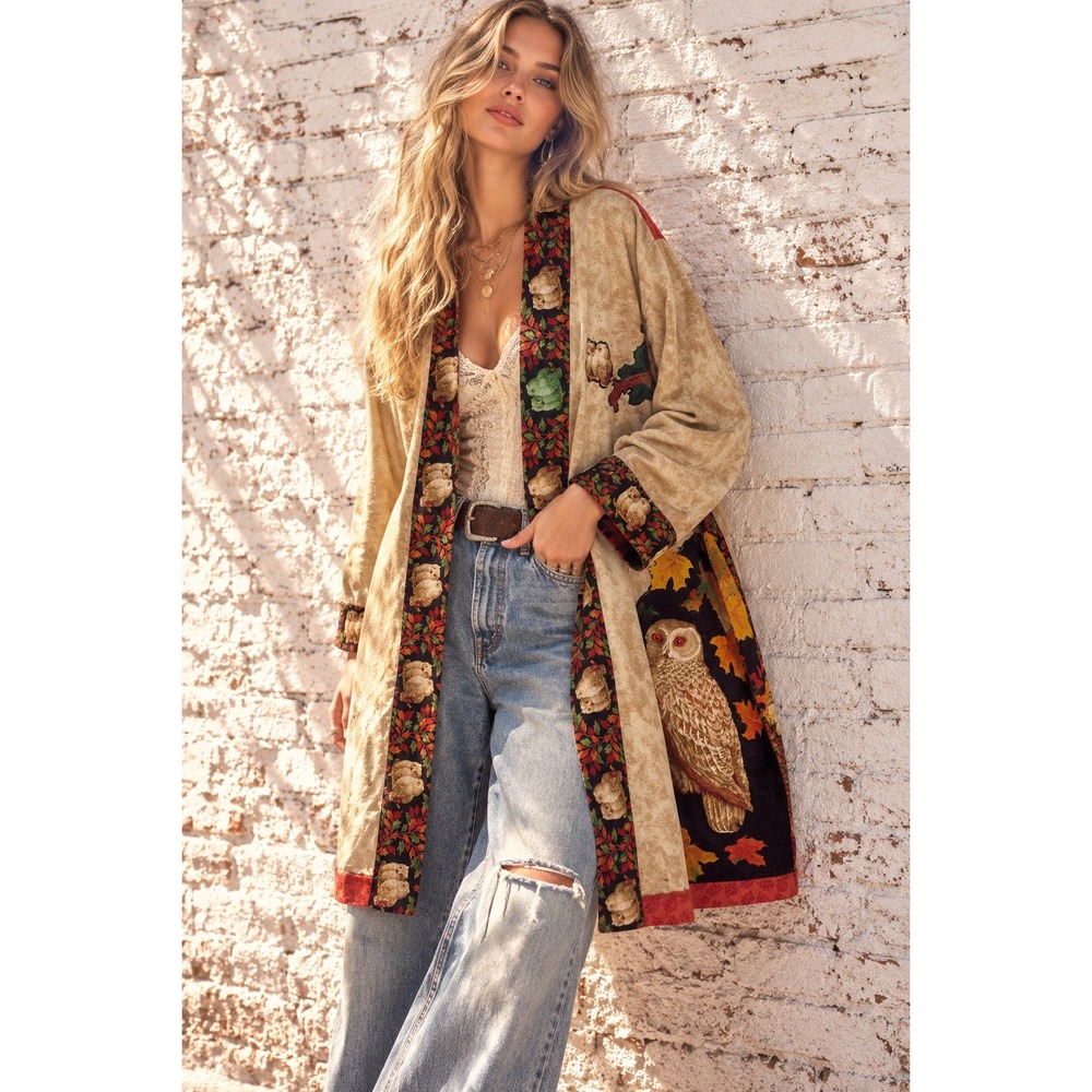 Vintage Tan Velvet Owl Print Handmade Open Front Kimono Jacket Large